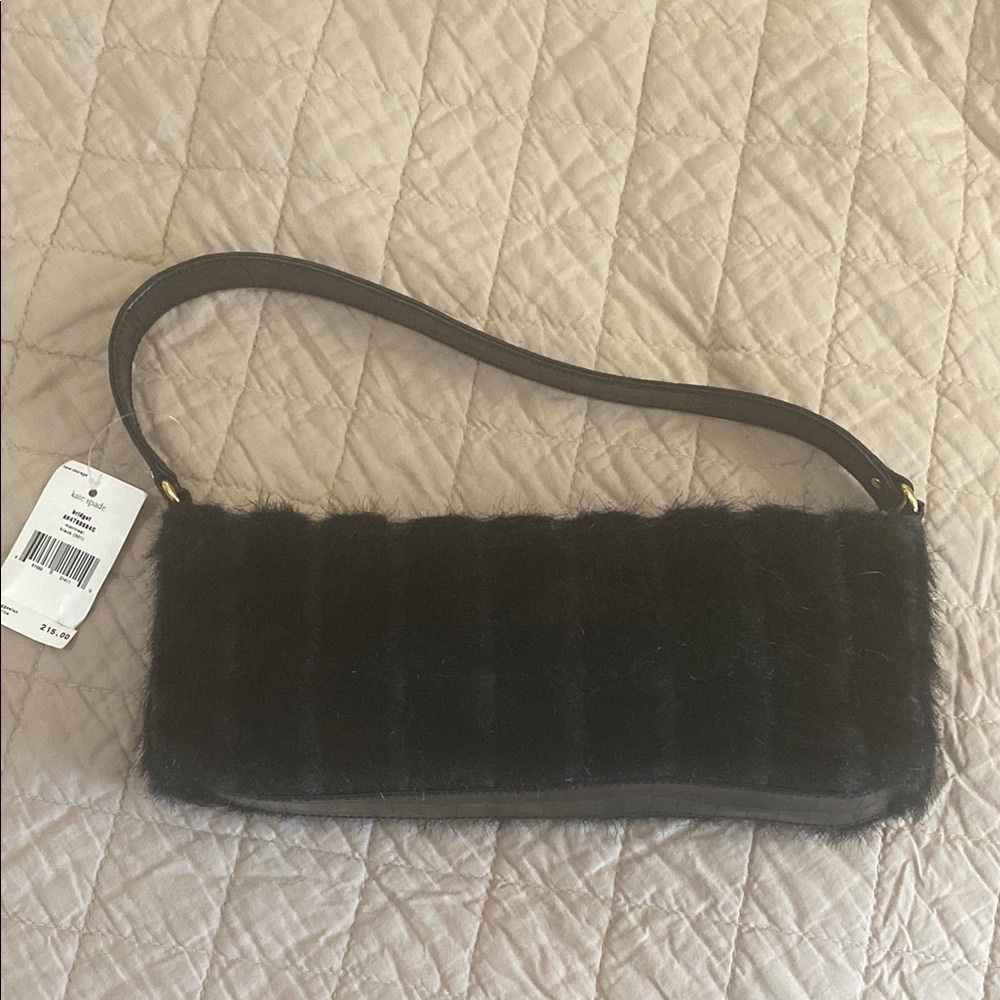 NWT! Kate Spade Vintage Faux Fur Black Shoulder Bag Minimalist Design.